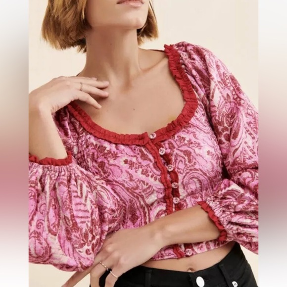 FREE PEOPLE velvet crop top smocked pink red - Picture 2 of 3